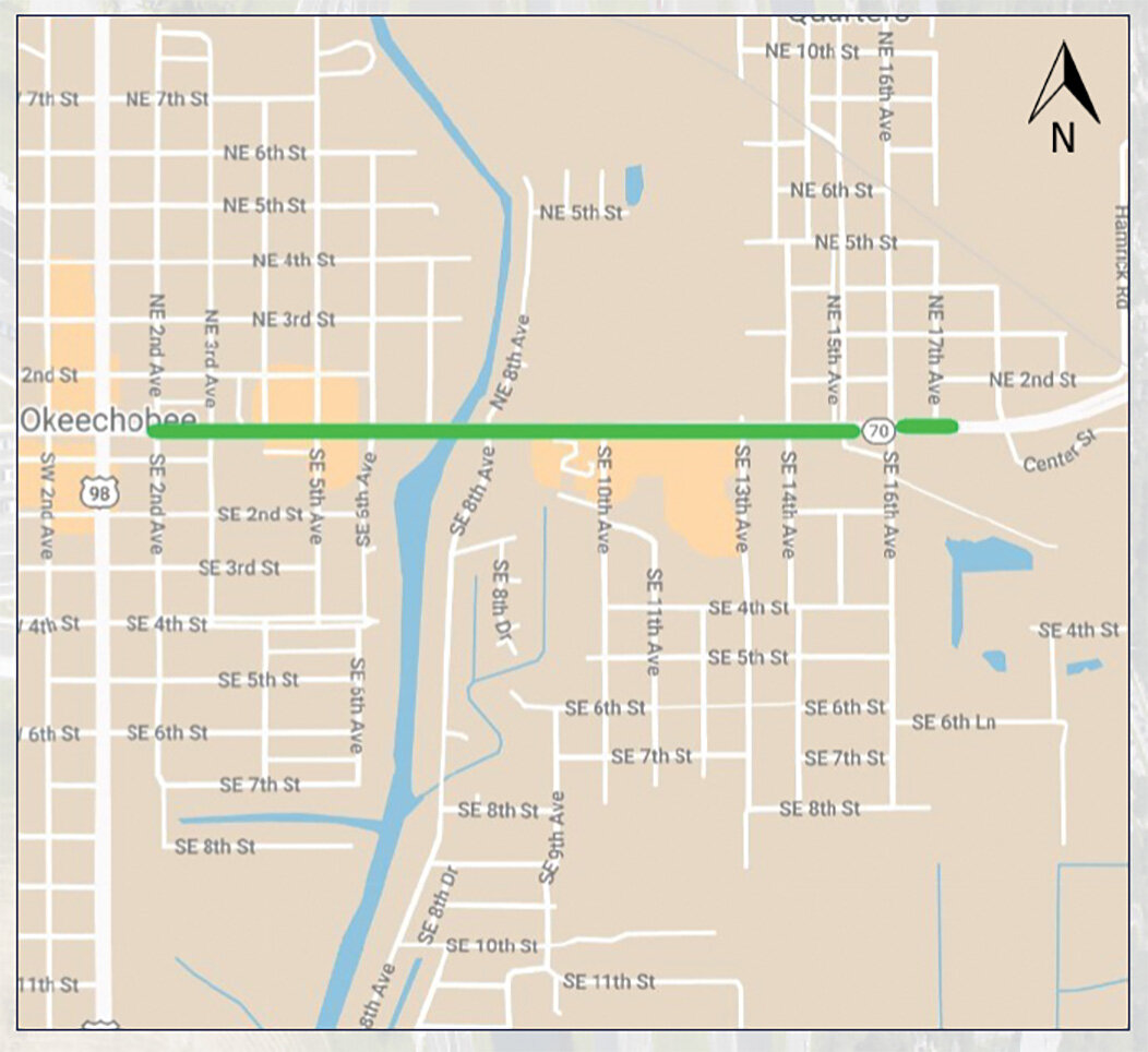 OKEECHOBEE -- Florida Department of Transportation plans work on State Road 70 on the section of SR 70 indicated in green on the map. [Map courtesy FDOT]